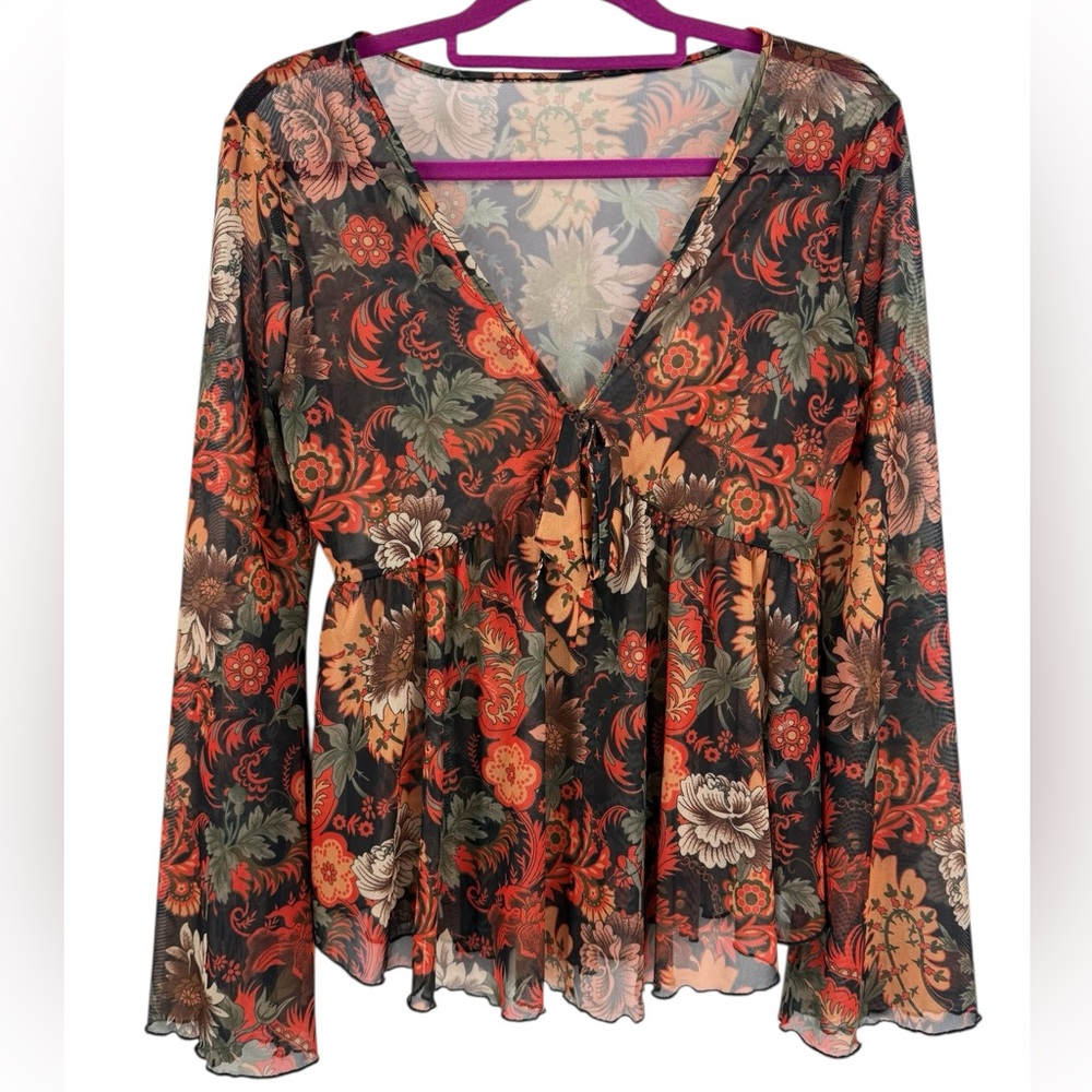 Romantic Floral Mesh Babydoll Top Tie-Front V-Neck Sheer Long Sleeve Size L